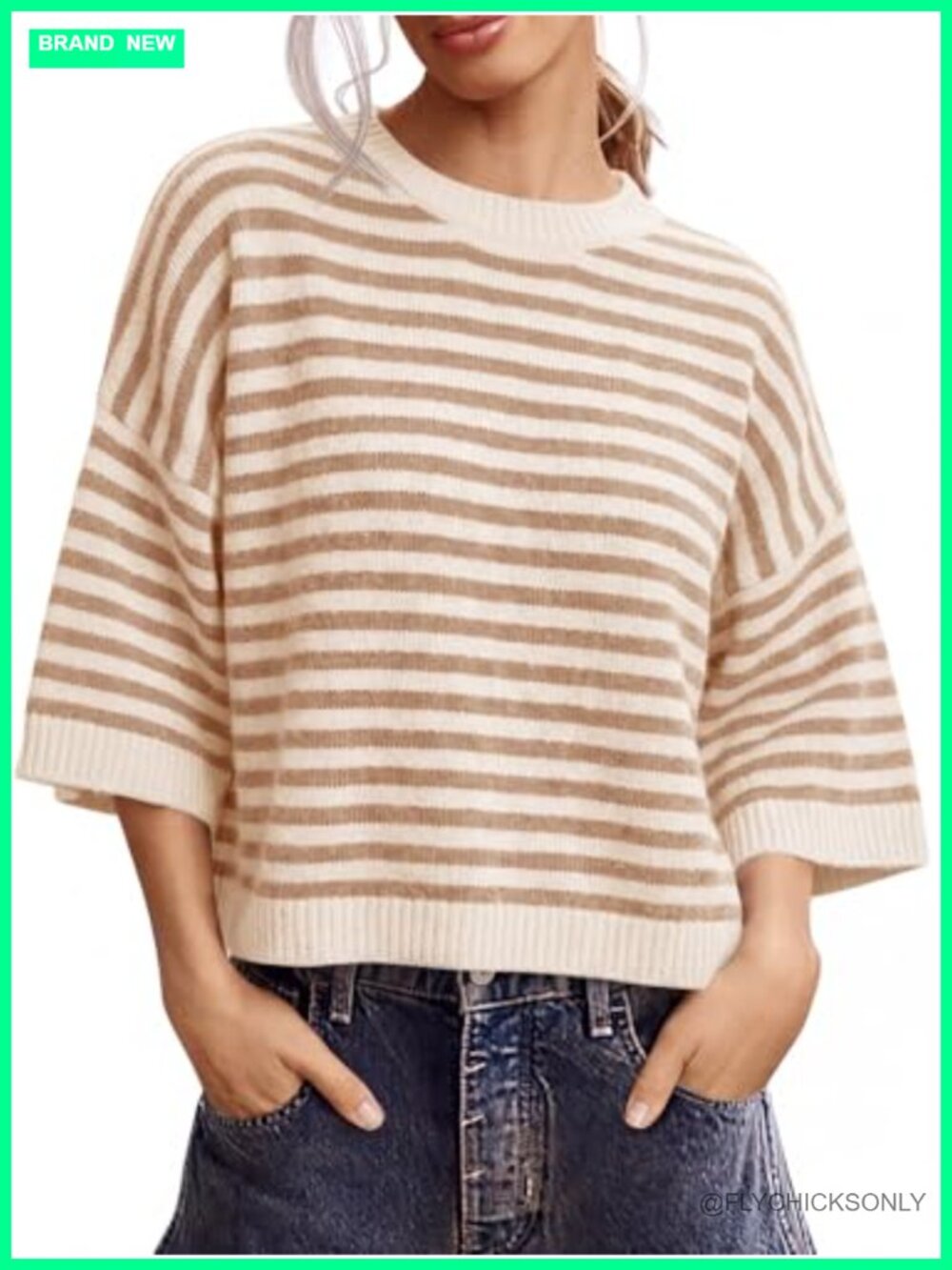 Oversized Striped Short Sleeve Knit Sweater Pullover Top